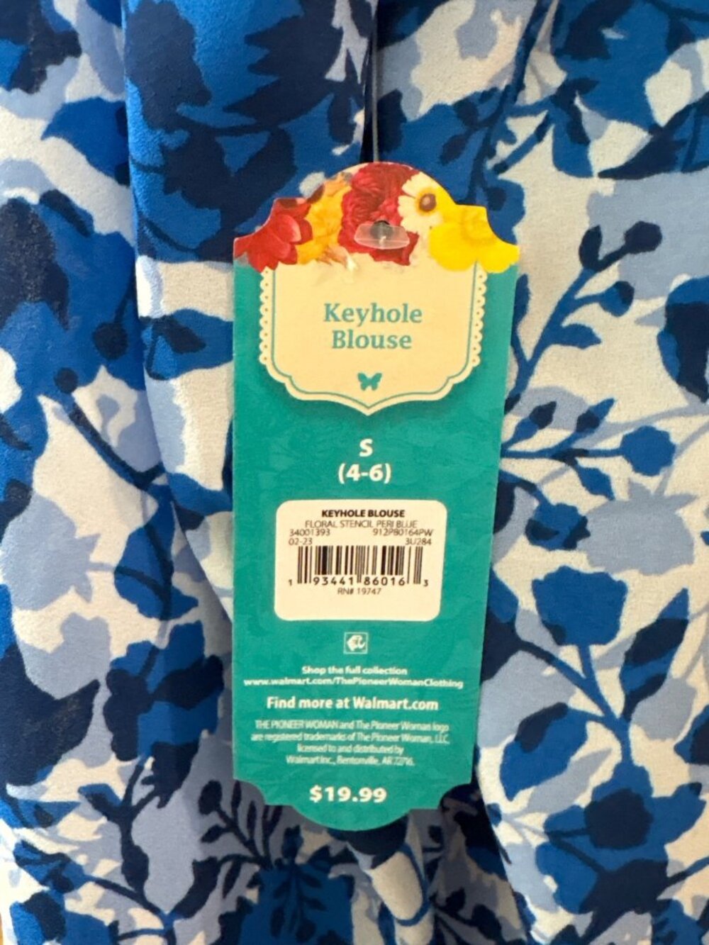 The Pioneer Woman Keyhole Blouse S Floral Stencil Print Blue Long Sleeve Lightwe - Picture 6 of 7